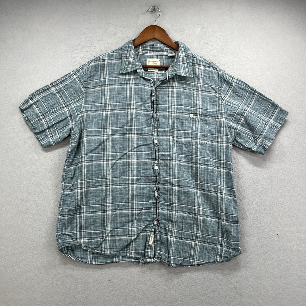 Weatherproof Vintage Button Up Mens XXL Blue Plaid Washable Linen Coastal Resort